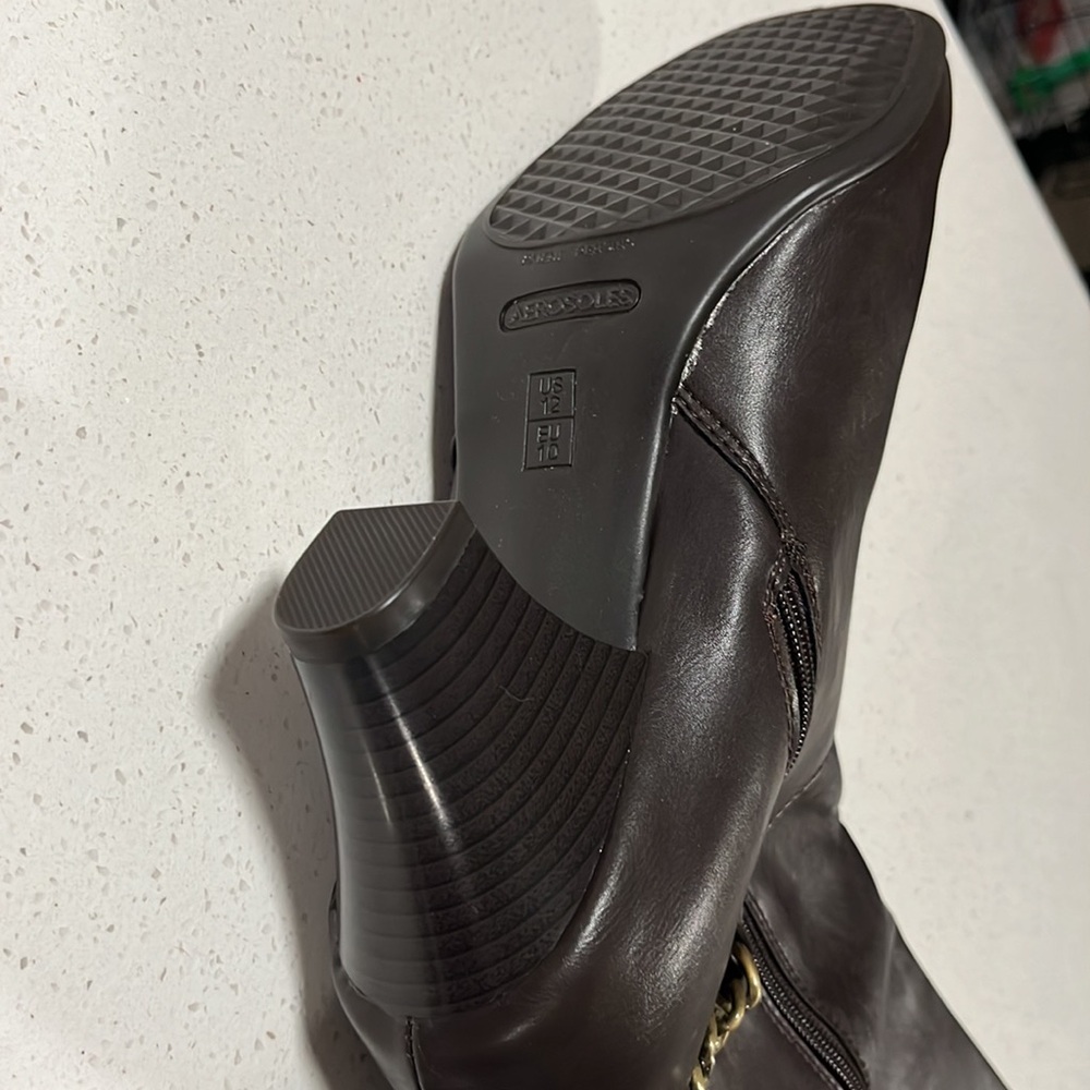 NWT - woman's tall, dark brown heel boots with gold chain around ankle. - Picture 6 of 7